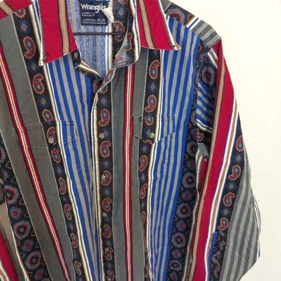 Vintage Wrangler Western Cowboy Cut Xlong Tails Regular Fit Paisley Stripe Shirt - Picture 2 of 7